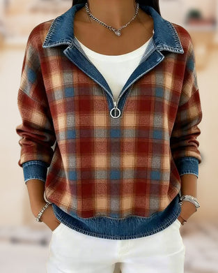 Kvinne Kausal Genser Med Krage Design, Denim Stoff, Patchworkdetalj, Rutenmønster Trykk Och Pullover Stil