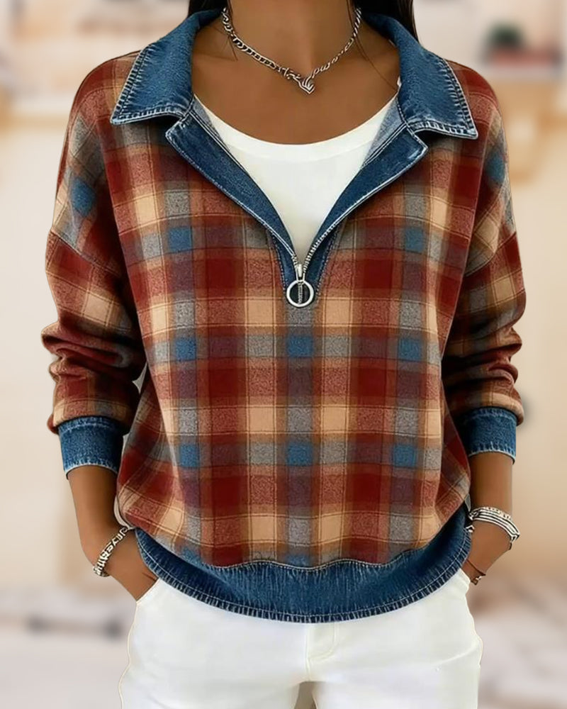 Kvinne Kausal Genser Med Krage Design, Denim Stoff, Patchworkdetalj, Rutenmønster Trykk Och Pullover Stil