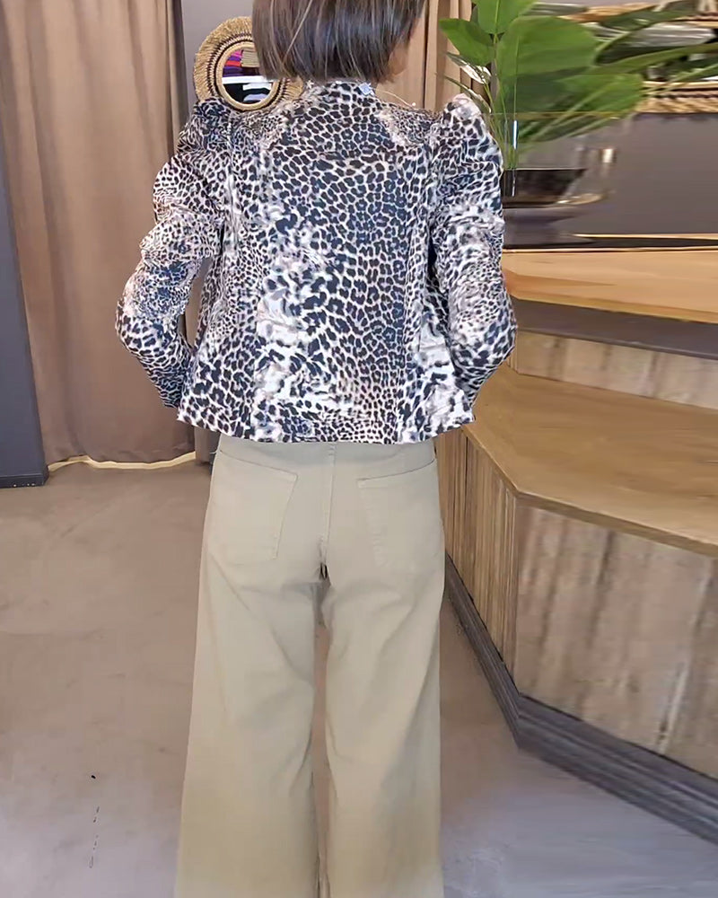 Leopard-trykk puffermer casual jakke