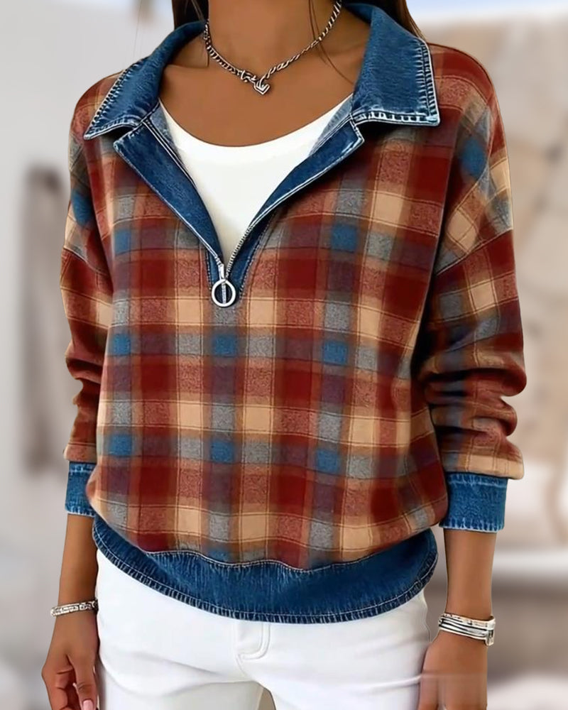 Kvinne Kausal Genser Med Krage Design, Denim Stoff, Patchworkdetalj, Rutenmønster Trykk Och Pullover Stil