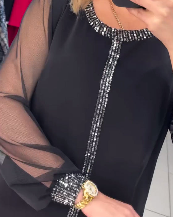 Bluse Med Paljettpanel Og Lange Ermer