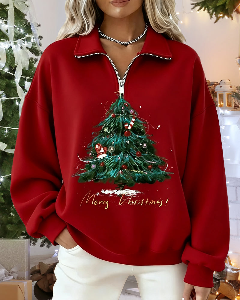 Sweatshirt Med Juletretrykk Og Rund Hals