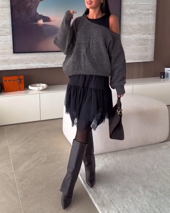 Avskåret Løstsittende Genser & Kniplingskant Kjole