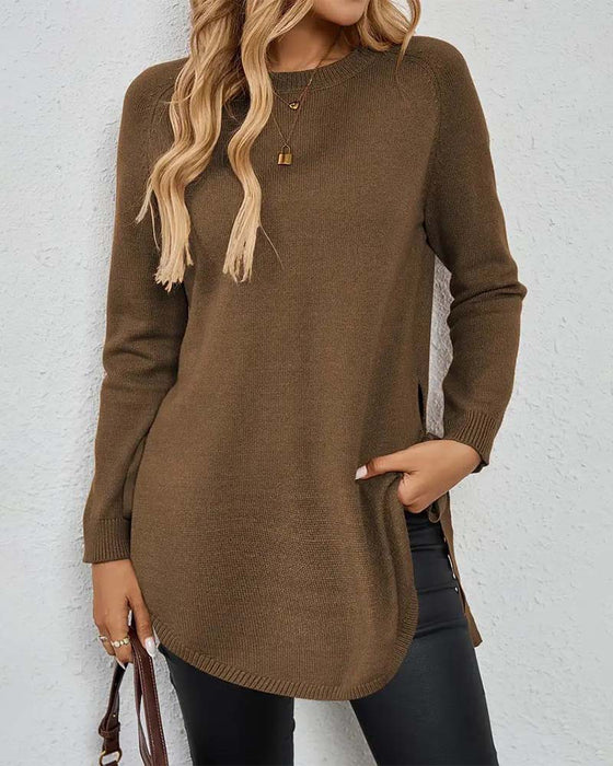 Helfarget Pullover Med Rund Hals Og Splitt