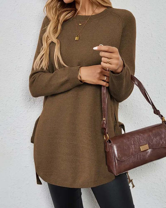 Helfarget Pullover Med Rund Hals Og Splitt