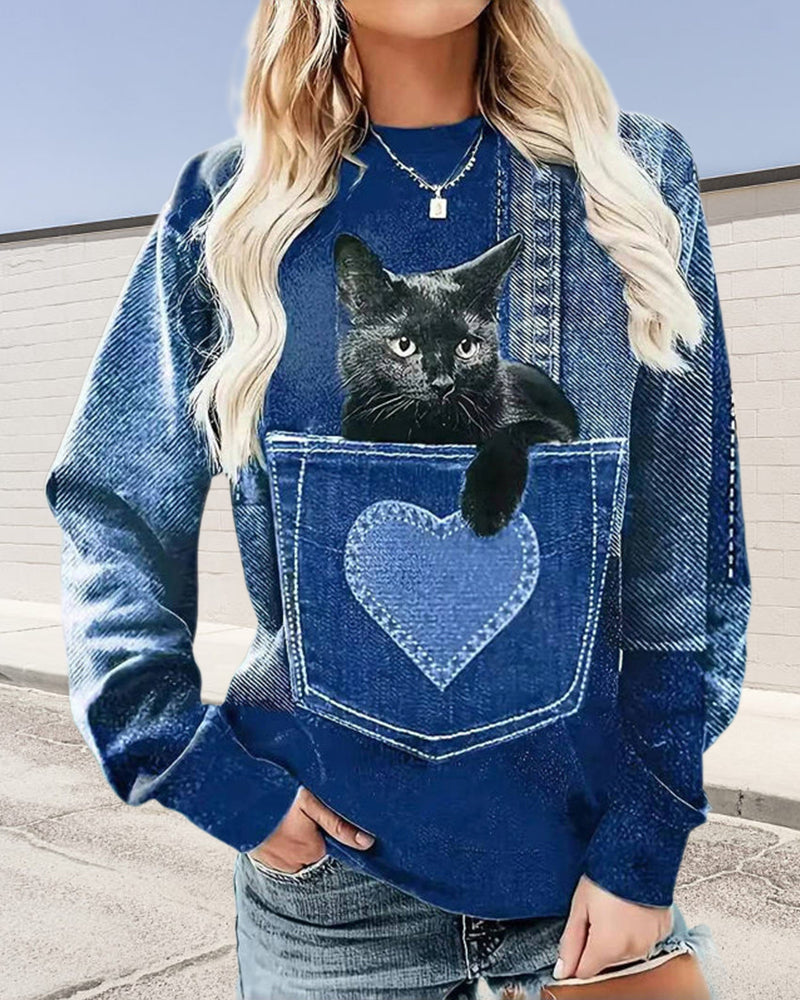 Genser Med Vintage Stil, Lomme Og Kattmønster
