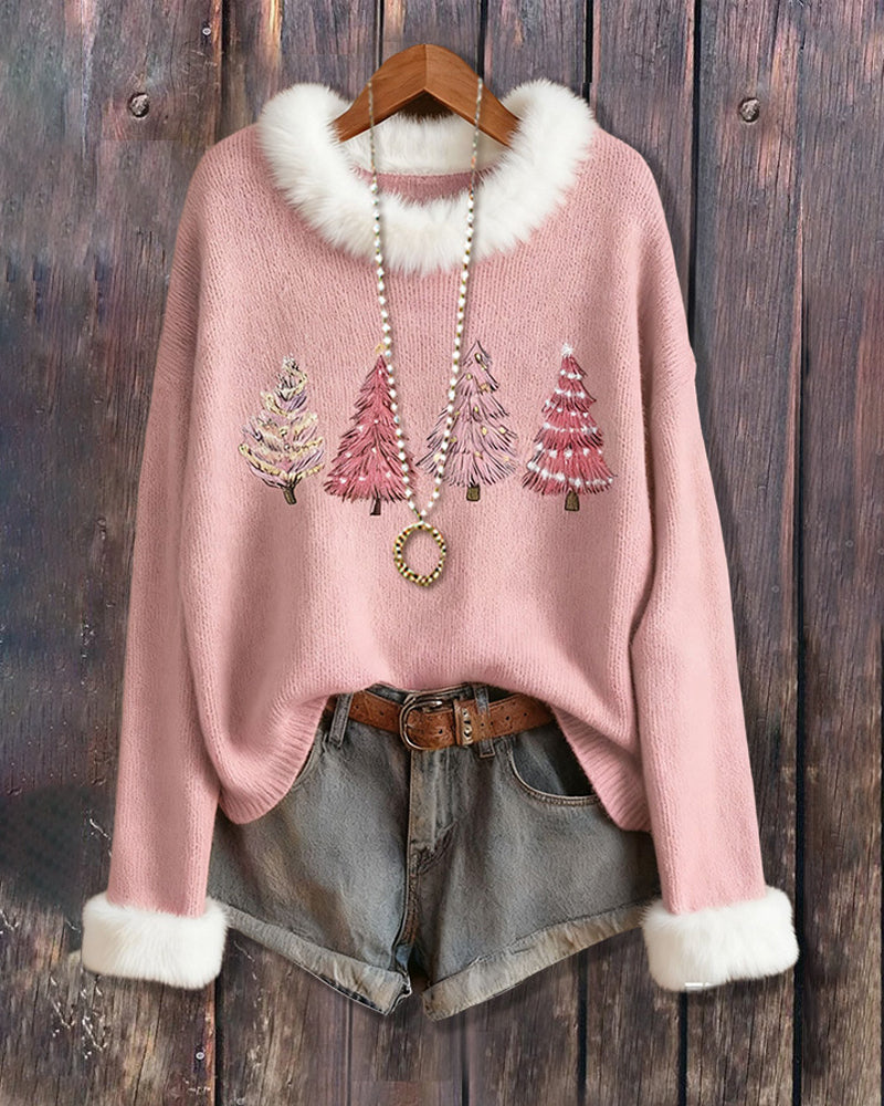 Genser Med Fløystekstur, Rundkrage Design Och Julgranmönster