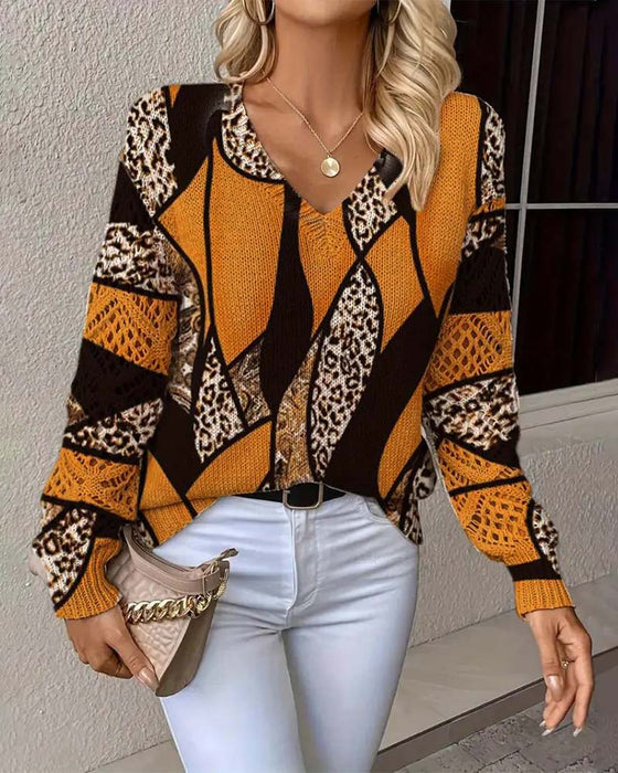 Pullover Med V-Hals Og Hull-Leopardtrykk