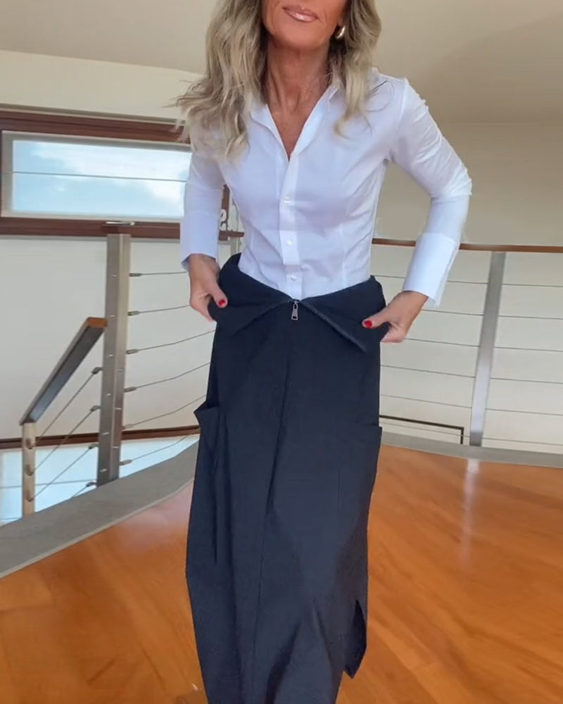 Fasjonabelt ensfarget skjørt med glidelås og lomme