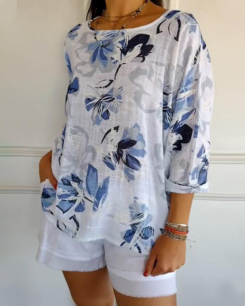 Bluse Rund Hals Langermet Trykket