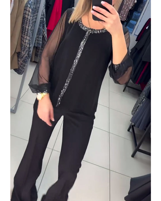 Bluse Med Paljettpanel Og Lange Ermer
