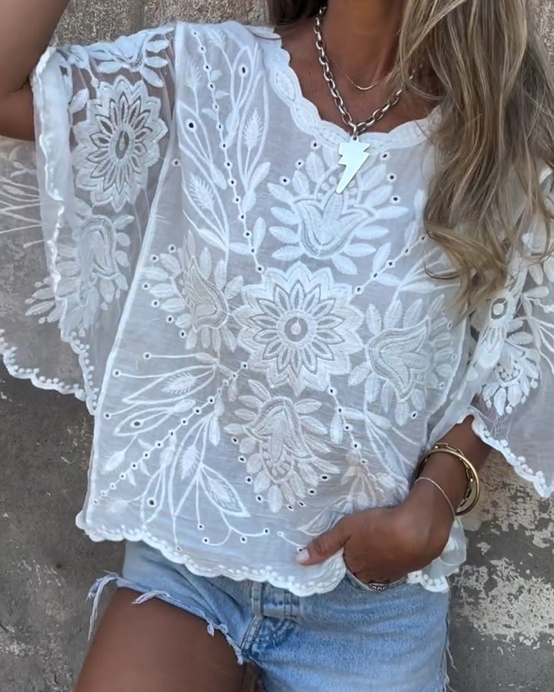 Bluse Sommerfuglsarm Rund Hals Brodert