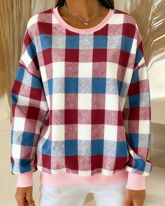 Sweatshirt Med Rund Hals Og Rutet Kontrastfarge