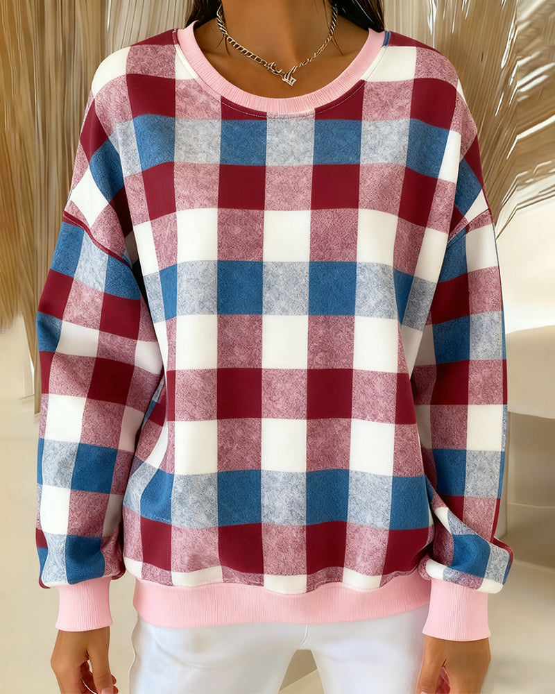 Sweatshirt Med Rund Hals Og Rutet Kontrastfarge