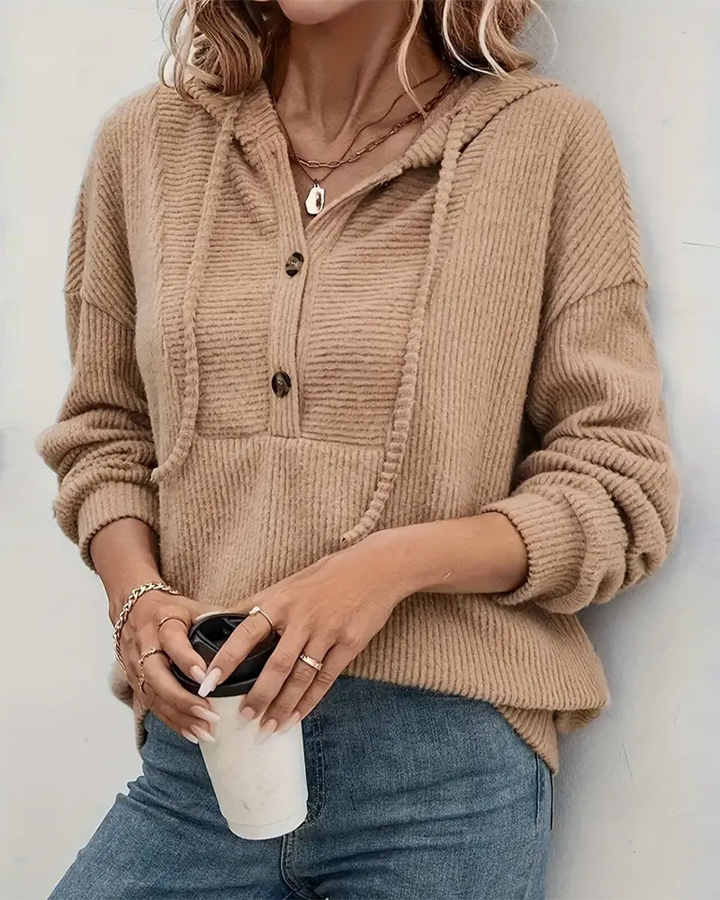 Knappet Ribbet Og Børstet Hettegenser