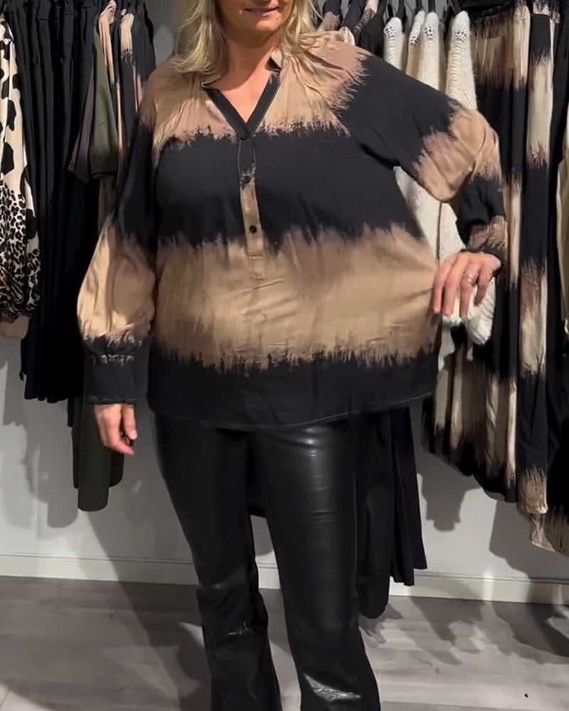 Vintage colorblock bluse med V-halsknapp