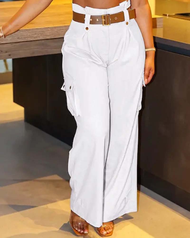 Ensfarget lomme casual cargo bukser