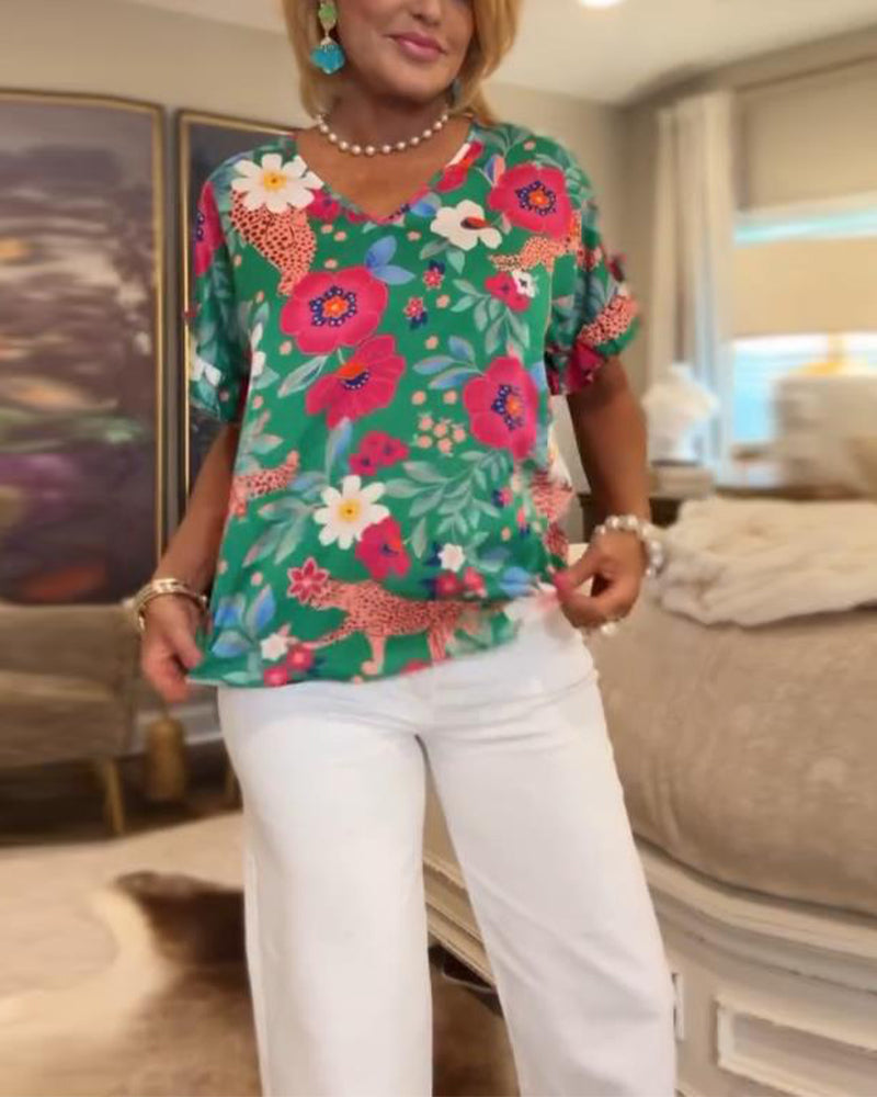 Bluse Med V-Hals Blomstermønster Korte Ermer