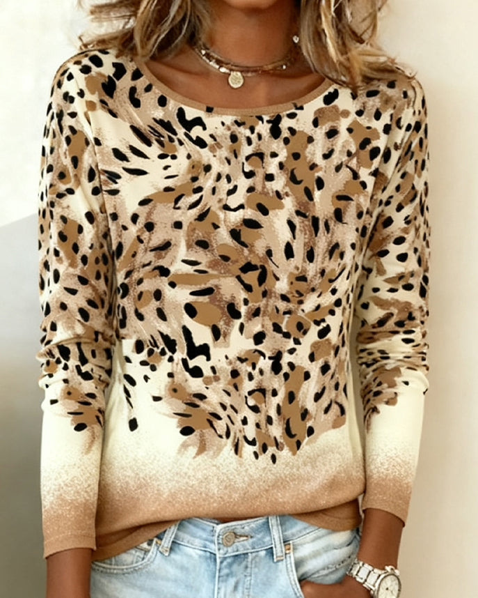 Uformell Topp Med Leopardprint Og Rund Hals