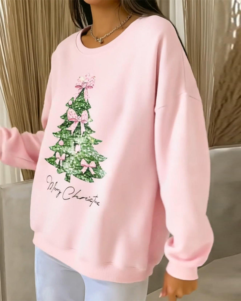 Crewneck Sweatshirt Med Juletrykk Og Lange Ermer
