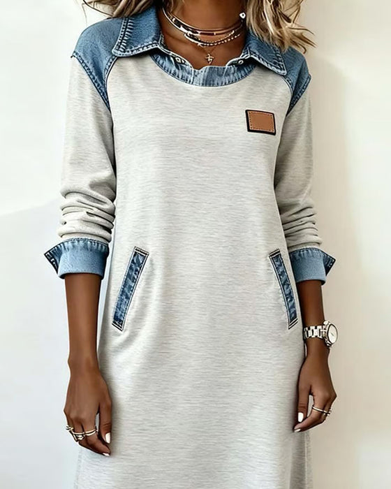 Uformell Kjole Med Slag I Denim-Patchwork