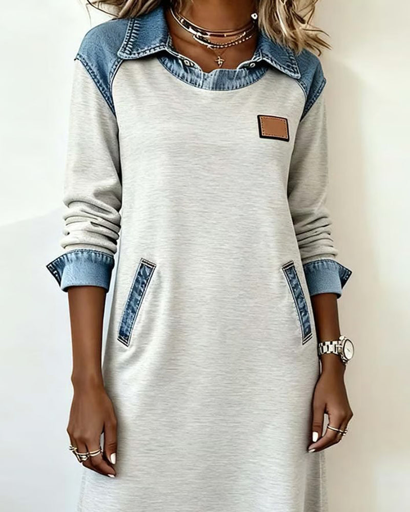 Uformell Kjole Med Slag I Denim-Patchwork