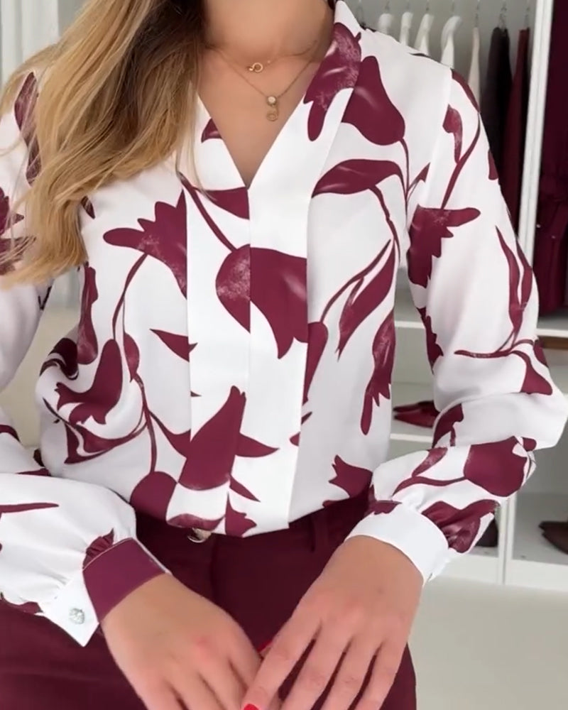 Bluse V-Hals Stilig Bladtrykk