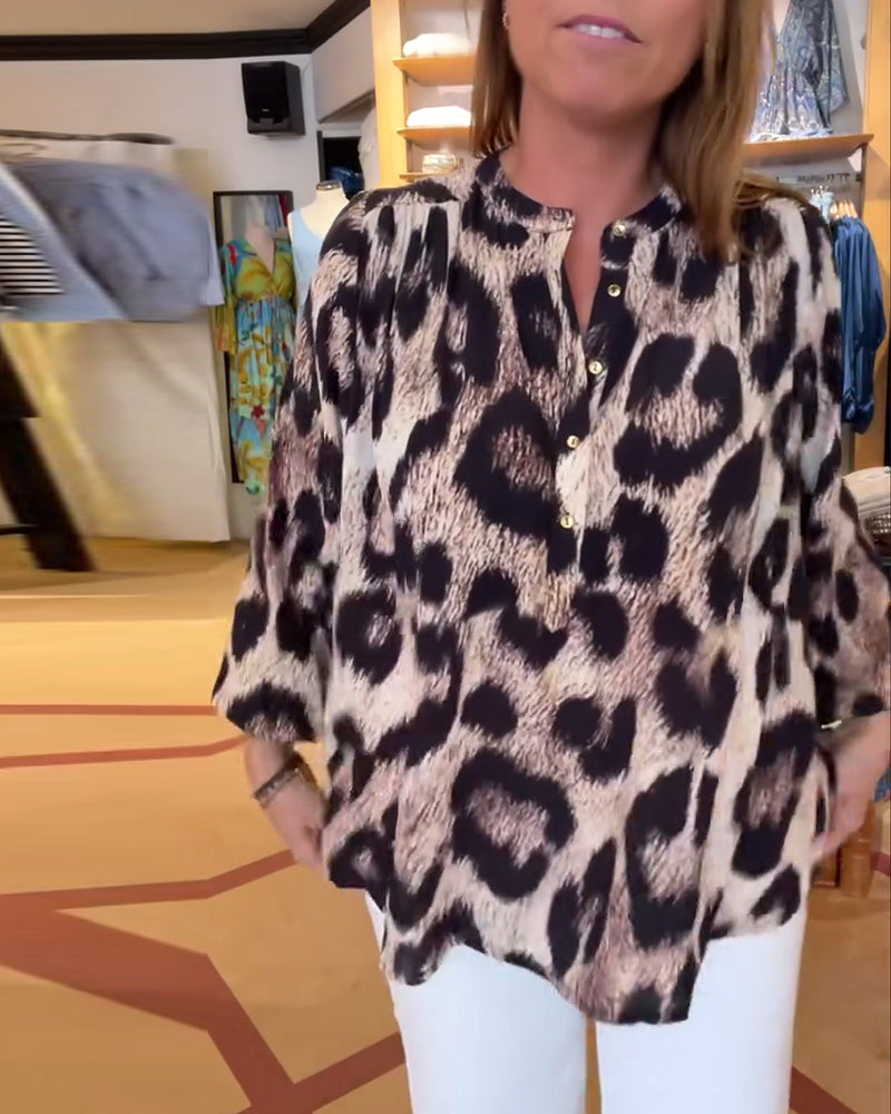 Bluse Løs Leopardtrykk Halv Knapp