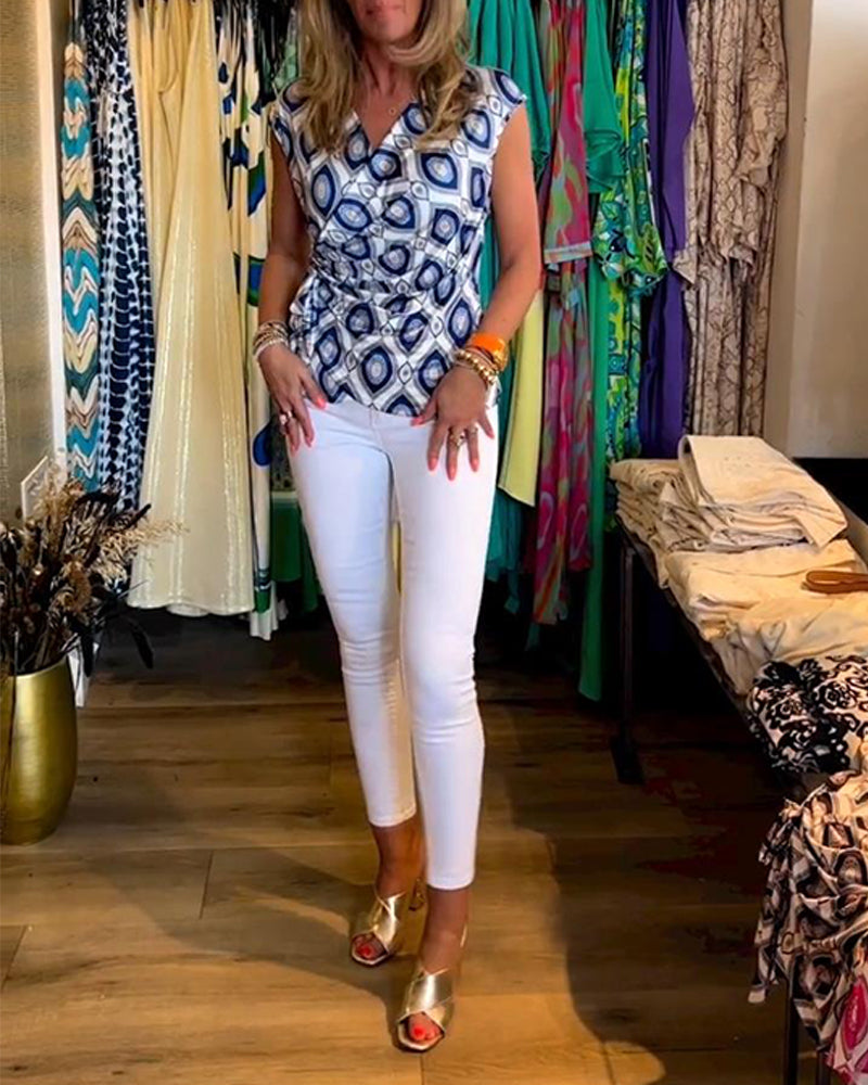 Printet ermeløs topp med snøring