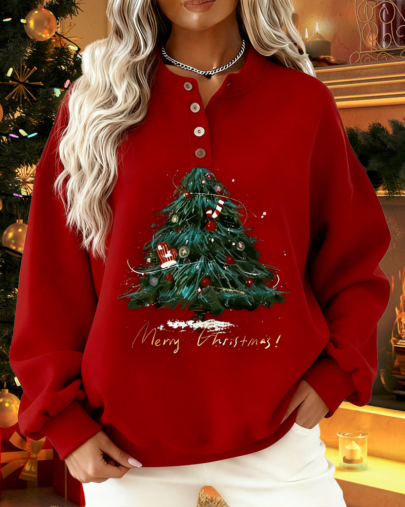 Sweatshirt Med Juletretrykk Og Rund Hals