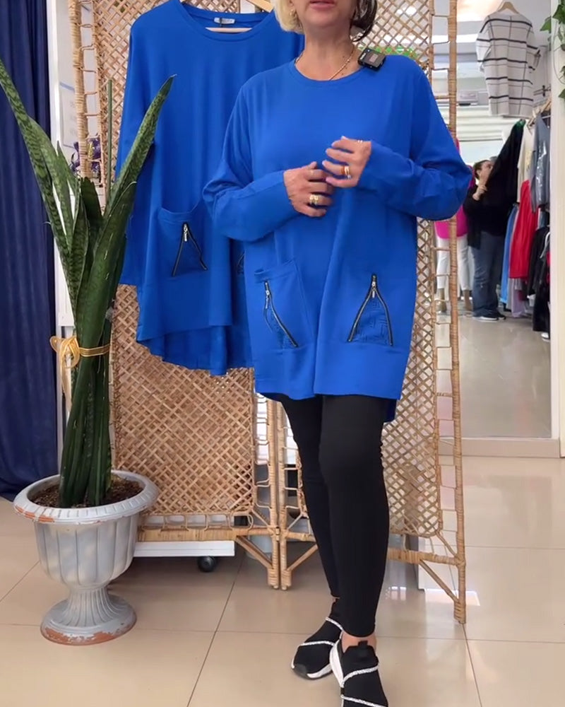 Genser med rund hals ensfarget glidelåslomme