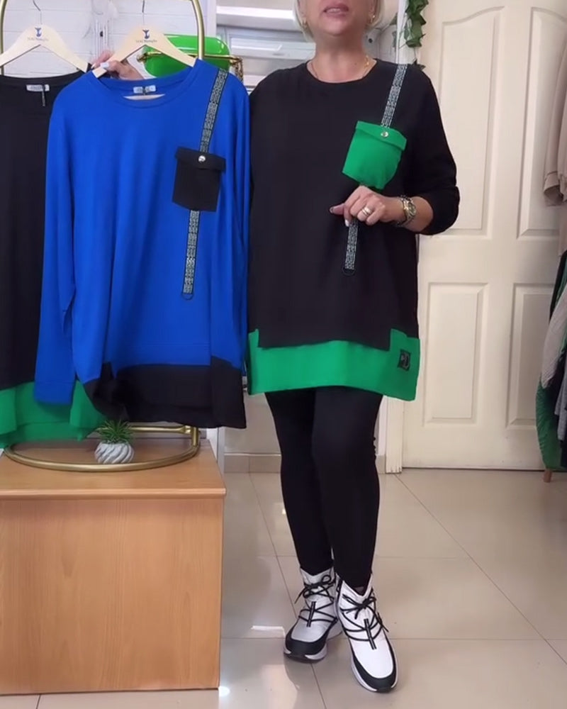 Sweatshirt uformell rundhalslomme kontrastfarge