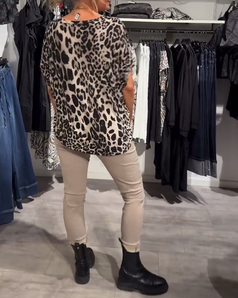 Bluse Rund Hals Leopardprint Korte Ermer