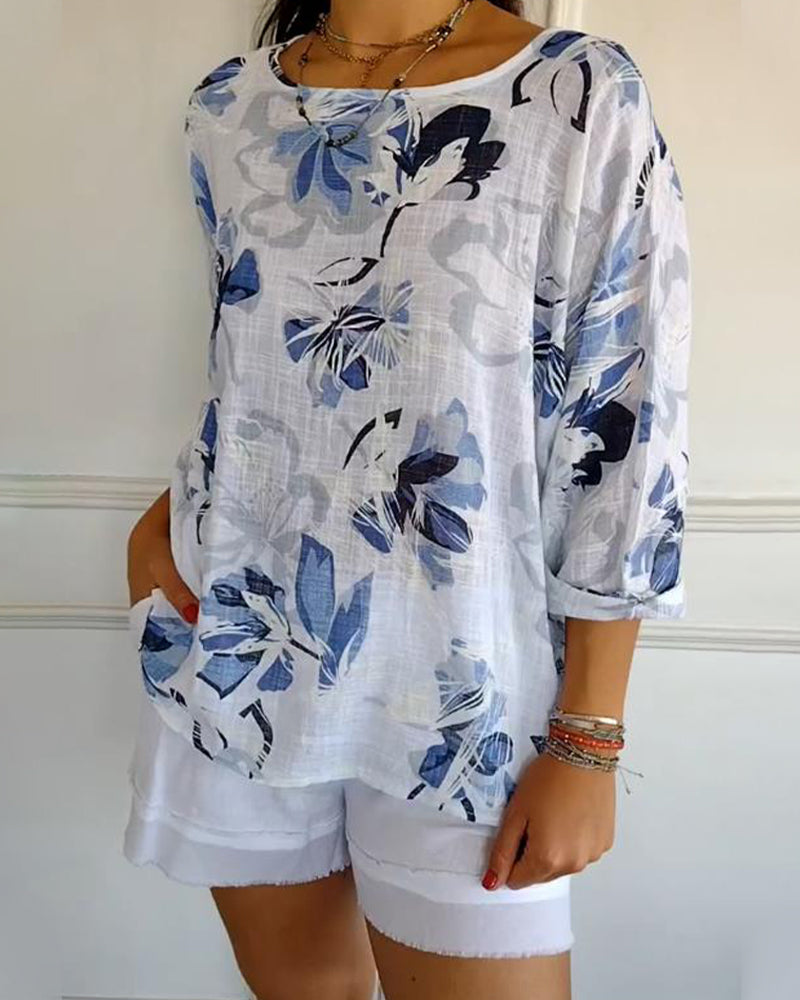 Bluse Rund Hals Langermet Trykket