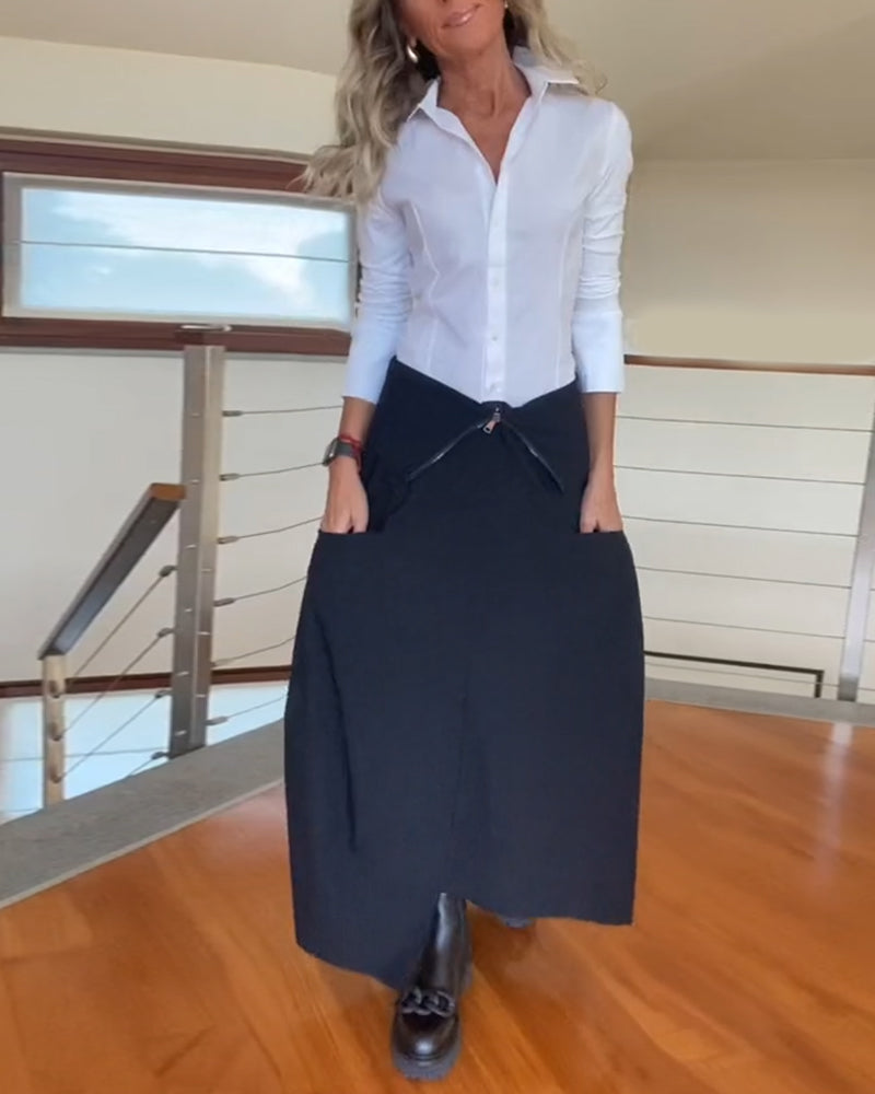 Fasjonabelt ensfarget skjørt med glidelås og lomme