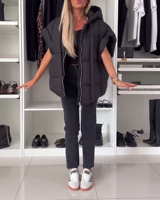 Hette, ensfarget glidelås, polstrede jakker med korte ermer