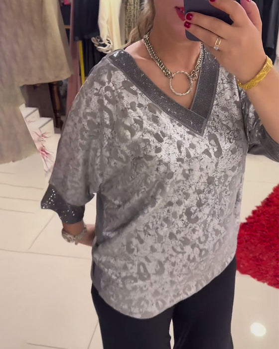 V-hals printet avslappet bluse