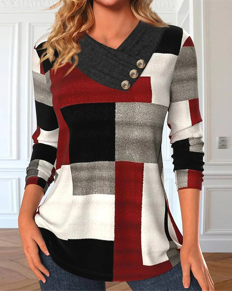 Colorblock Topp V-Hals Lange Ermer