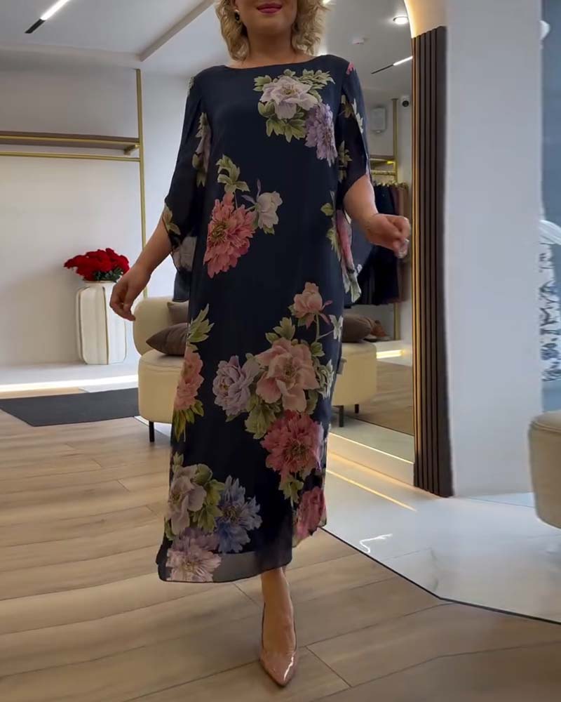 Kjole Rund Hals Blomstert Splitt