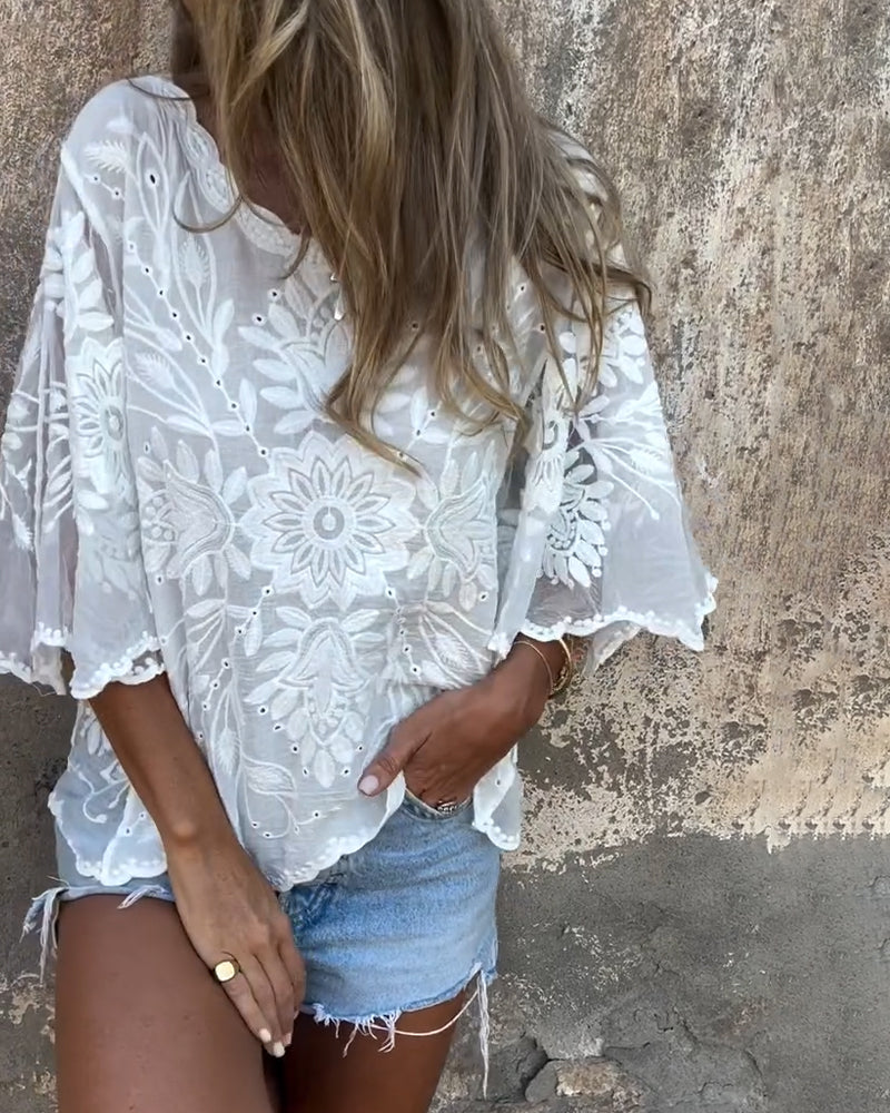 Bluse Sommerfuglsarm Rund Hals Brodert
