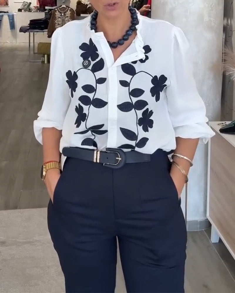 Bluse Stilig Blomstertrykk Rysj