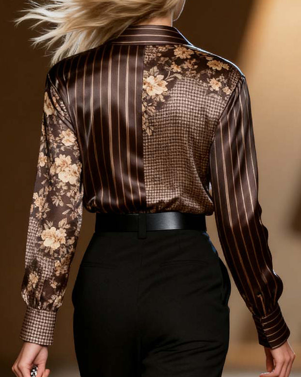 Bluse med avslappet rutete stripetrykk og lange ermer