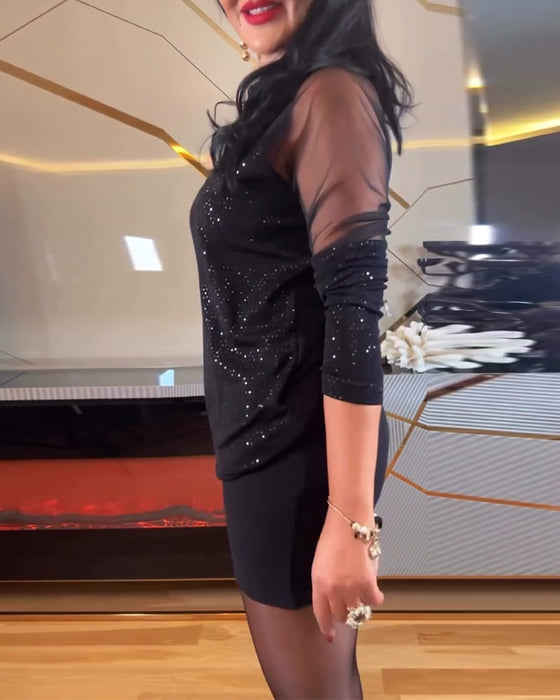 Topp sexy v-hals mesh og ensfarget paljett