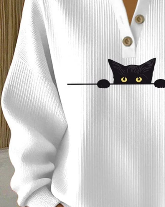 Knappet Casual Sweatshirt Med Trykte Striper