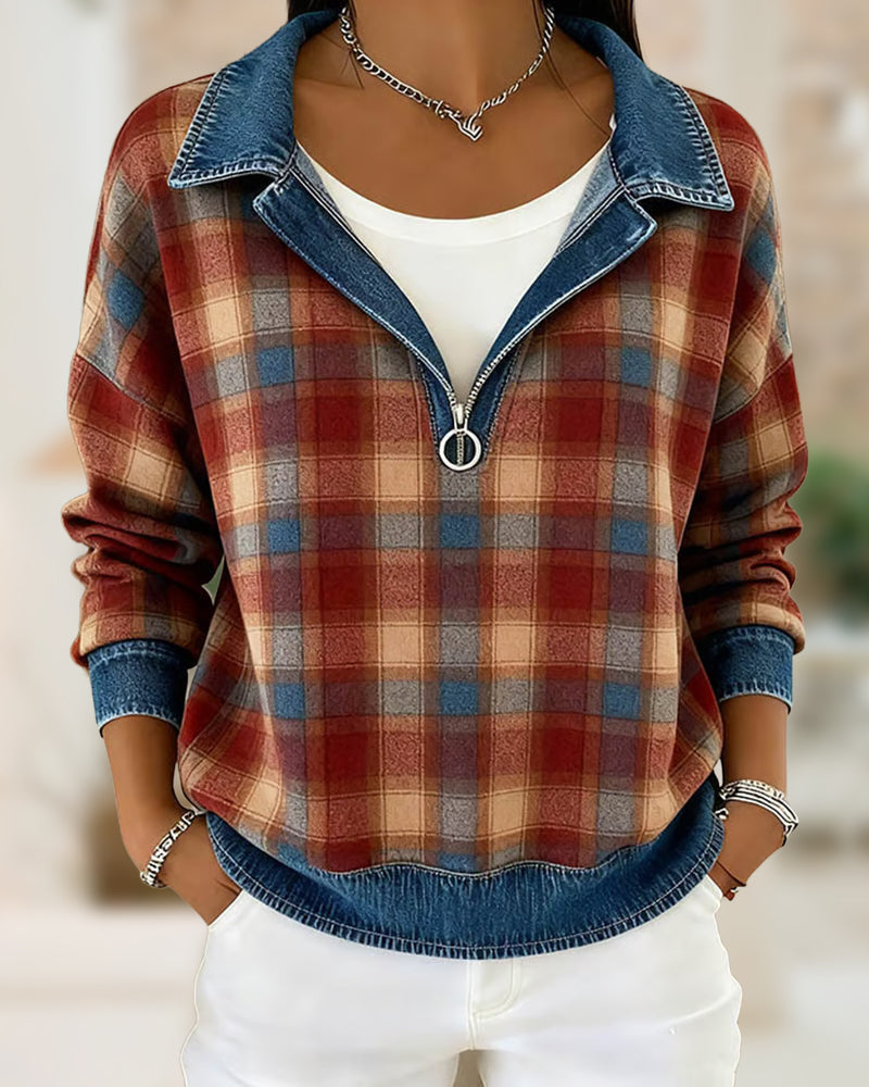 Kvinne Kausal Genser Med Krage Design, Denim Stoff, Patchworkdetalj, Rutenmønster Trykk Och Pullover Stil