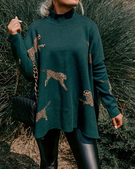 Genser Høy Hals Løs Leopardmønstret