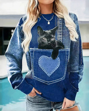 Genser Med Vintage Stil, Lomme Og Kattmønster