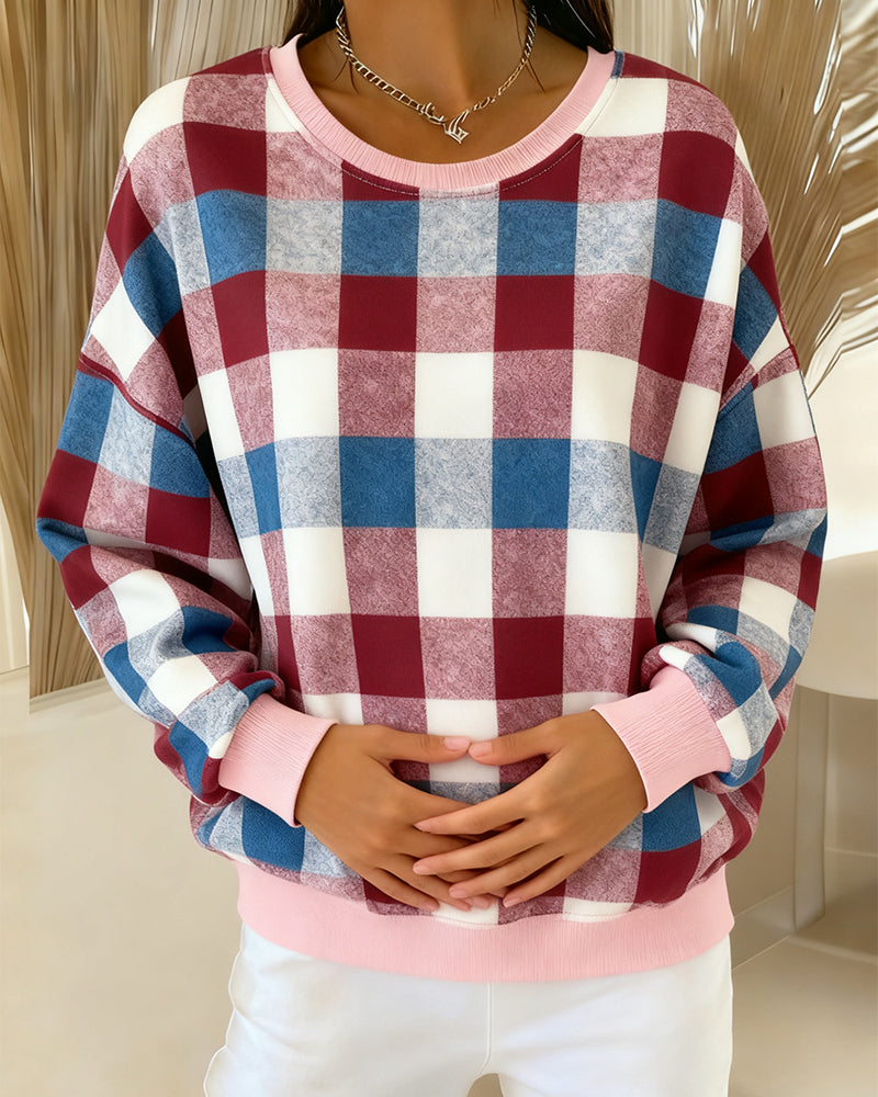 Sweatshirt Med Rund Hals Og Rutet Kontrastfarge