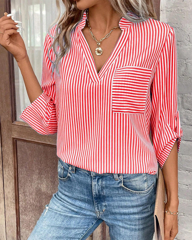 V-hals, stripete print casual bluse
