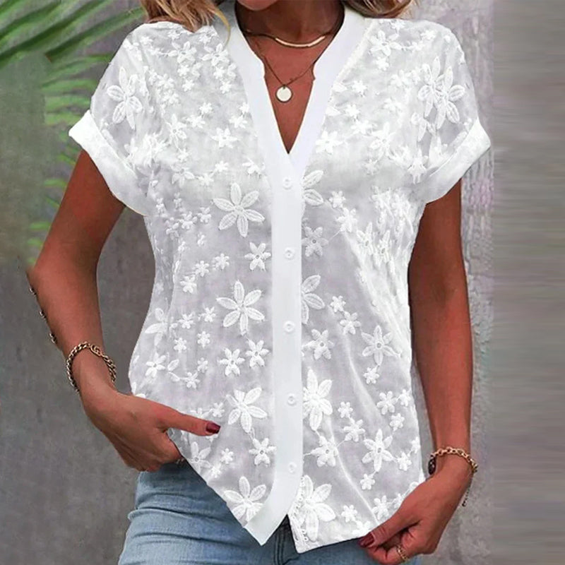 Bluse med korte ermer og V-hals